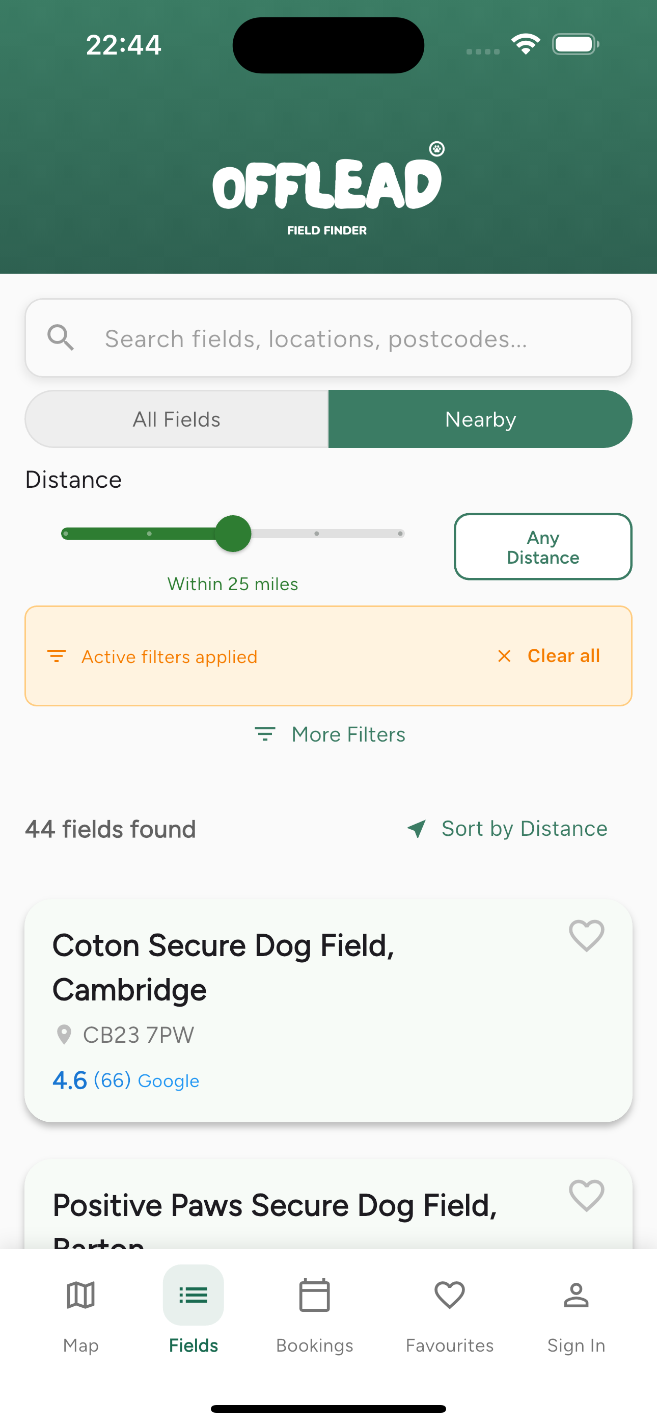 offlead app showing secure dog fields in Cornwall